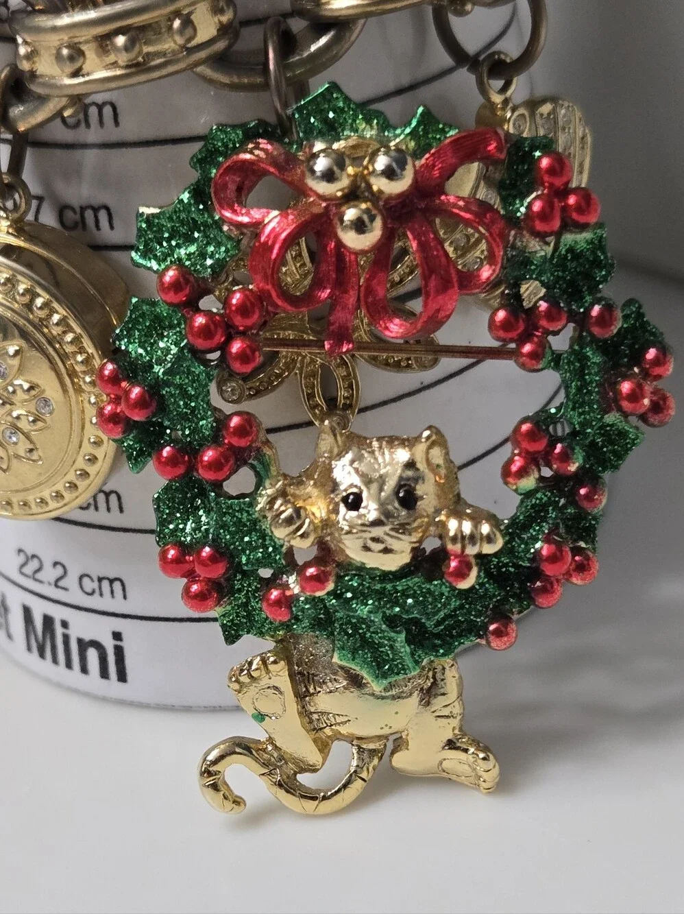 AJC Gold Cat Wreath Holiday Brooch - Green and Red Enamel